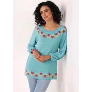 Soft Surroundings 1XL Blouse dream trip embroidered Smocked Greenish blue top
